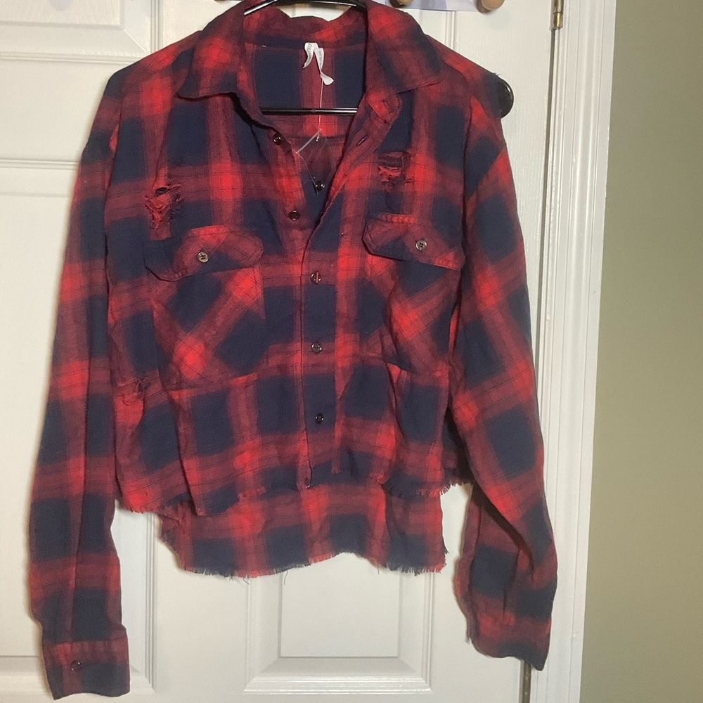Distressed Flannel Red and Black Plaid Shirt Women Size L